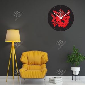 a living room with a chair and a clock