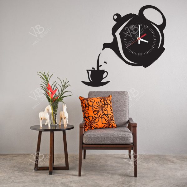 a living room with a chair and a clock