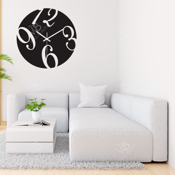 a living room with a couch and a clock