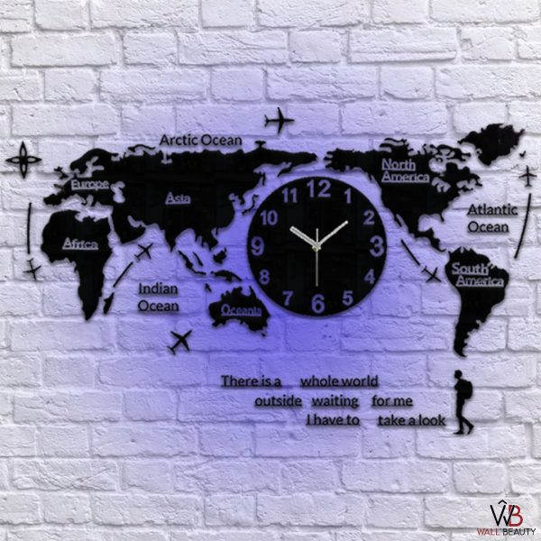 Large World map Wall Clock with Light